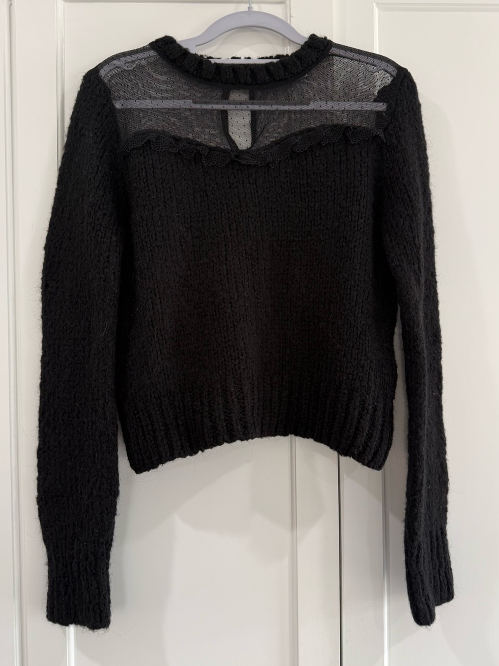 Zara Black Knit Sweater with Sheer Yoke and Ruffle Trim